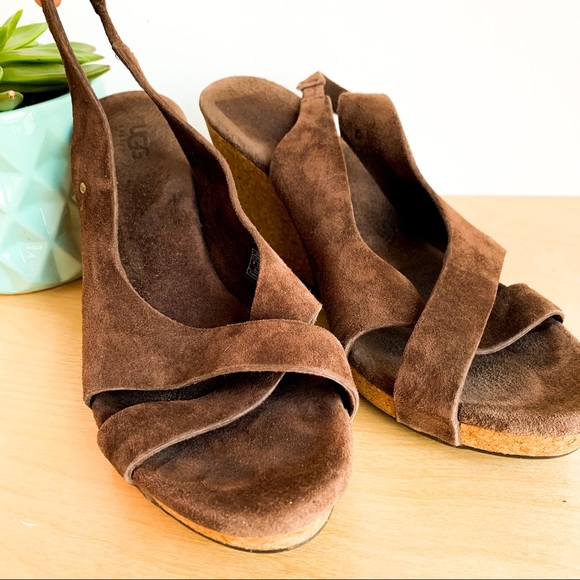 UGG Classic Dark Brown Leather Wedge Sandals - Picture 2 of 8